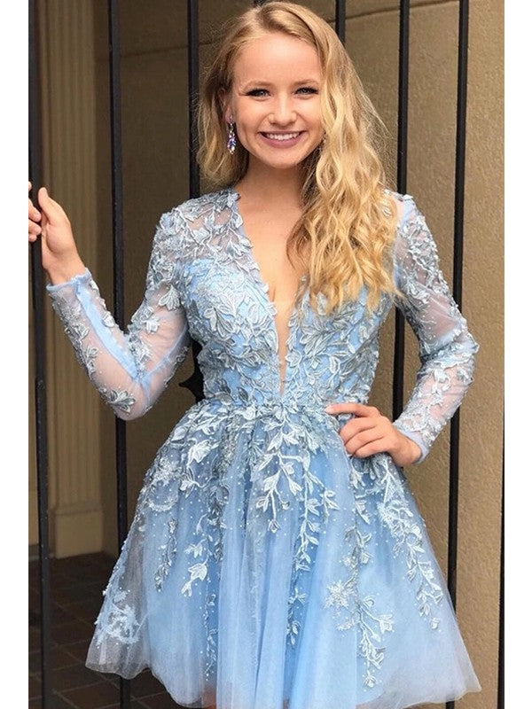 Robes de bal courtes/mini trapèze à col en V en dentelle avec manches