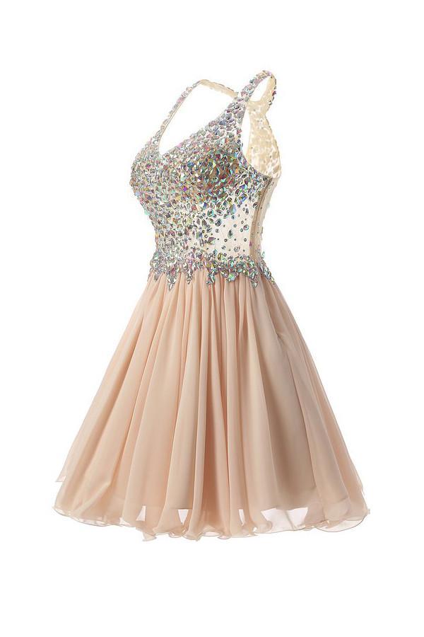 Vestidos cortos/mini con cuello halter, corte en A/estilo princesa para baile de bienvenida, con cuentas