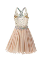Vestidos cortos/mini con cuello halter, corte en A/estilo princesa para baile de bienvenida, con cuentas