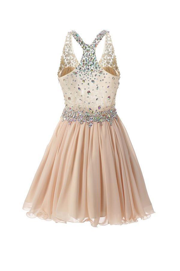 Vestidos cortos/mini con cuello halter, corte en A/estilo princesa para baile de bienvenida, con cuentas