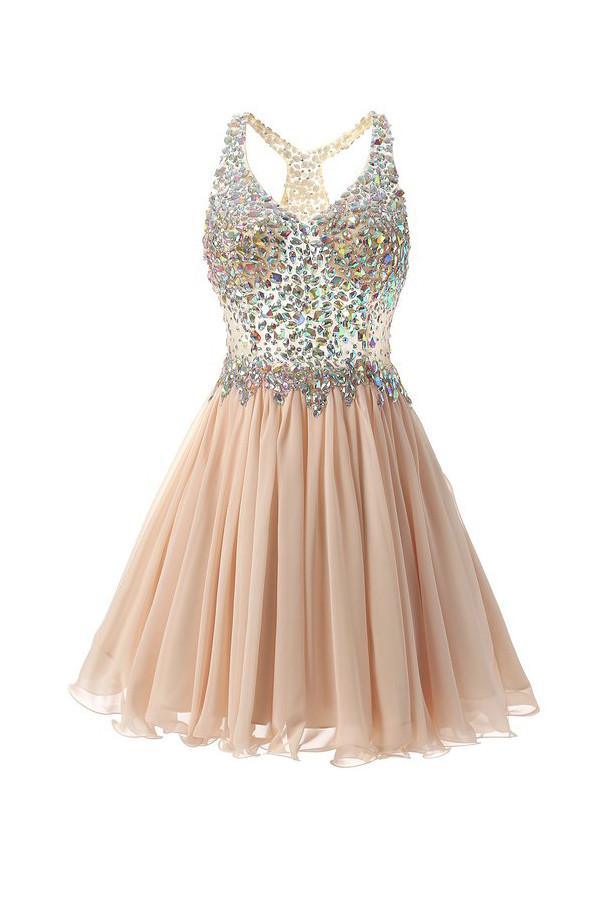 Vestidos cortos/mini con cuello halter, corte en A/estilo princesa para baile de bienvenida, con cuentas