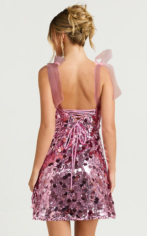 Vestidos de fiesta cortos y brillantes con tirantes de lazo VMH111 