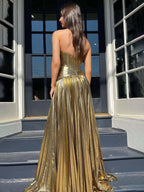 Sileas | Vestido largo de fiesta plisado metálico color turquesa con escote corazón y abertura