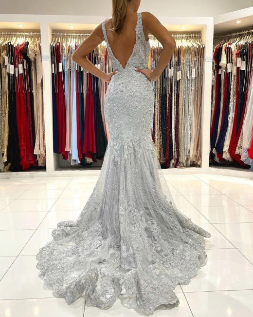 Vestido de noche largo de sirena sin mangas con encaje plateado
