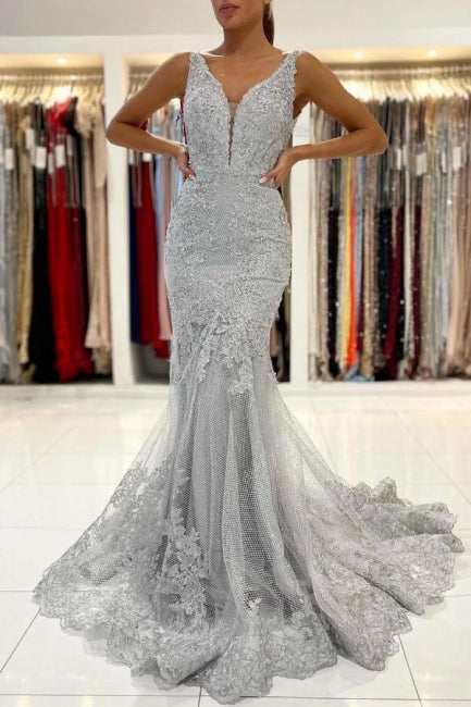 Vestido de noche largo de sirena sin mangas con encaje plateado