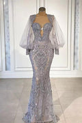 Robes de soirée sirène longues en dentelle argentée à paillettes et manches longues