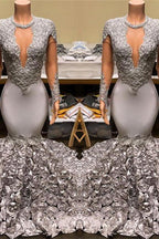 Silver Party Dress Fit and Flare Floral Prom Dresses  Lace Appliques Real Shooting Formal Dresses