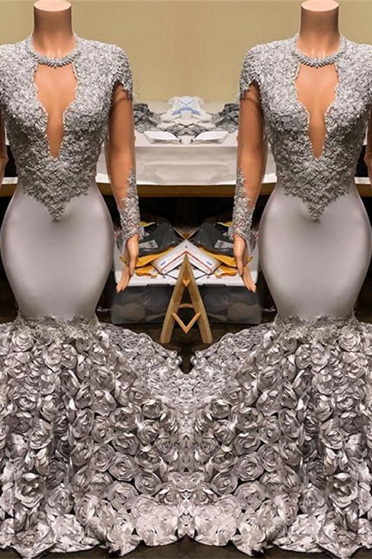 Silver Party Dress Fit and Flare Floral Prom Dresses  Lace Appliques Real Shooting Formal Dresses