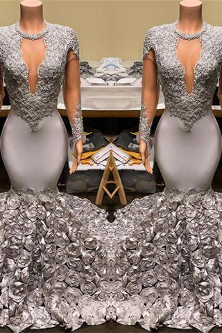 Vestido de fiesta plateado, corte sirena, estampado floral, apliques de encaje, ideal para sesiones de fotos.