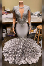 Silver Party Dress Fit and Flare Floral Prom Dresses  Lace Appliques Real Shooting Formal Dresses