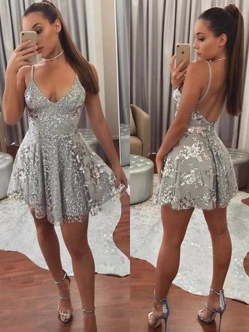 Silver Spaghetti Straps Backless V-neck Mini Short Homecoming Dress PD378