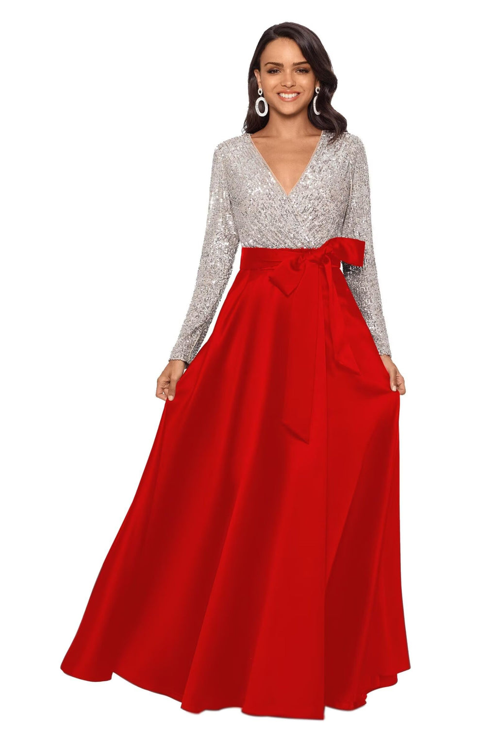 Long Sleeve Bow Dress Sequin Top Gown With A Bow