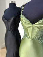 Simmy | Robe de bal sirène en satin à bretelles doubles et appliques 