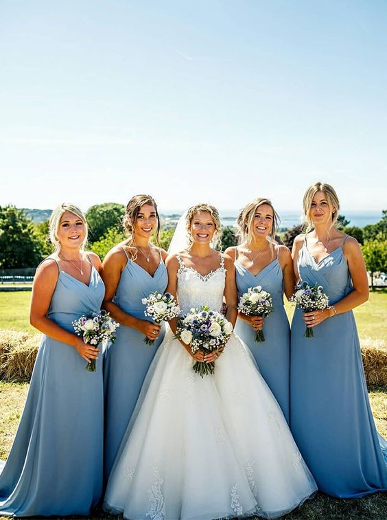 Baoleely Simple V Neck Chiffon Navy Blue Bridesmaid Dresses Spaghetti Straps