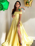 Simple A-line Off Shoulder Satin Long Prom Dresses with Slit