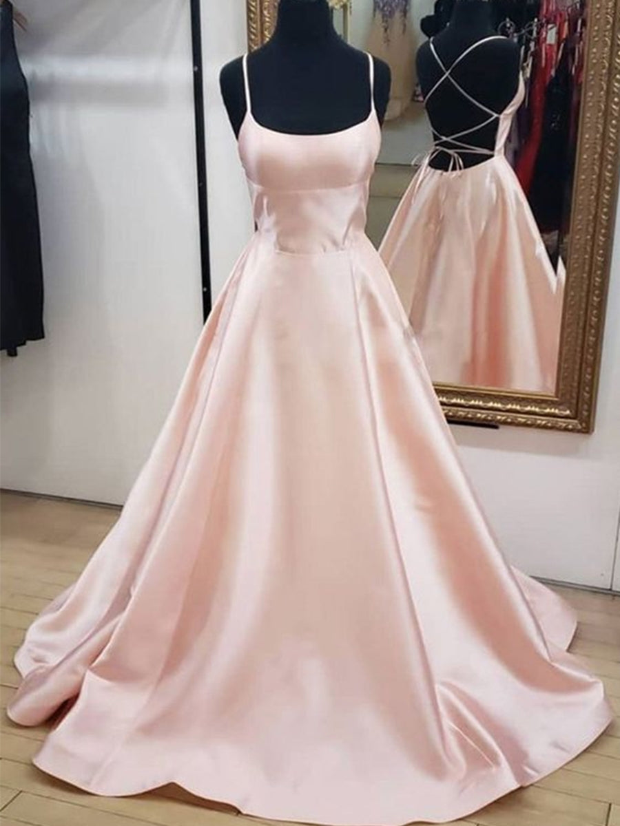 Simple A-line Spaghetti Straps Backless Satin Prom Formal Graduation Evening Dresses