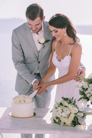 Vestidos de novia de playa sencillos de corte A con tirantes finos y encaje WD317