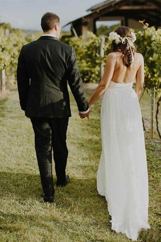 Vestidos de novia de playa sencillos de corte A con tirantes finos y encaje WD317