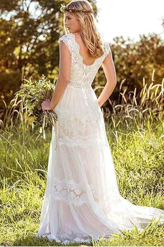 Vestido de novia bohemio rústico de encaje, corte sencillo en A con escote en V WD434 