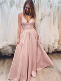 Robe de soirée longue simple en satin, coupe trapèze, col en V, sans manches, coupe trapèze, encolure en V, idéale pour un bal de promo ou une remise de diplômes.