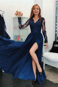 Simple Applique V-Neck Split Sleeveless Prom Dresses with Charming Beads