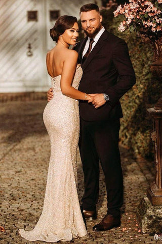 Simple Champagne Strapless Sequins Column Prom Dresses with Slit