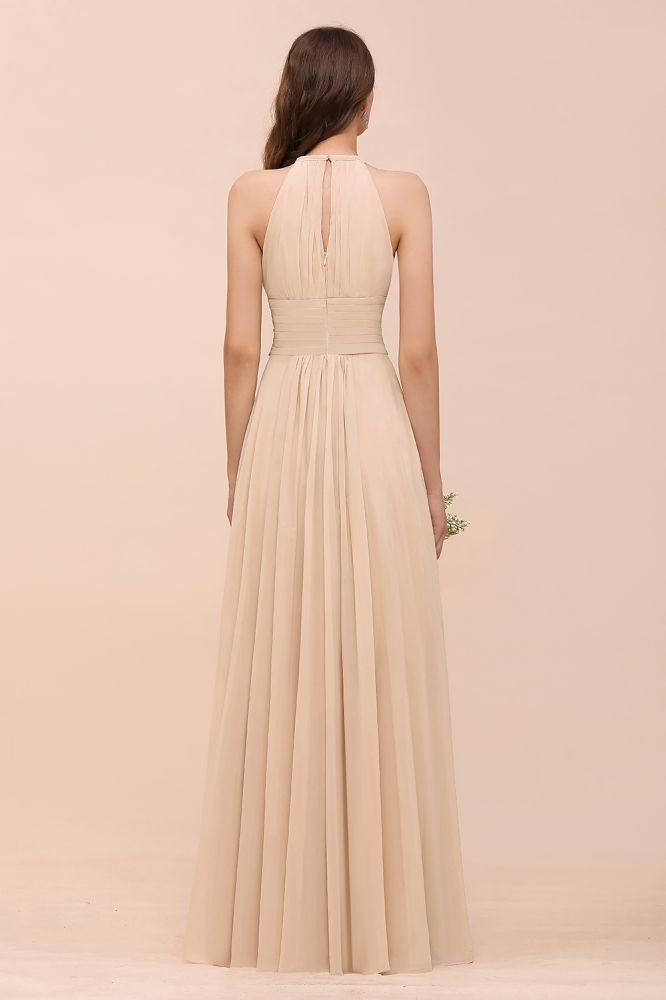 Robe de demoiselle d'honneur longue et cintrée couleur champagne, simple et dos nu