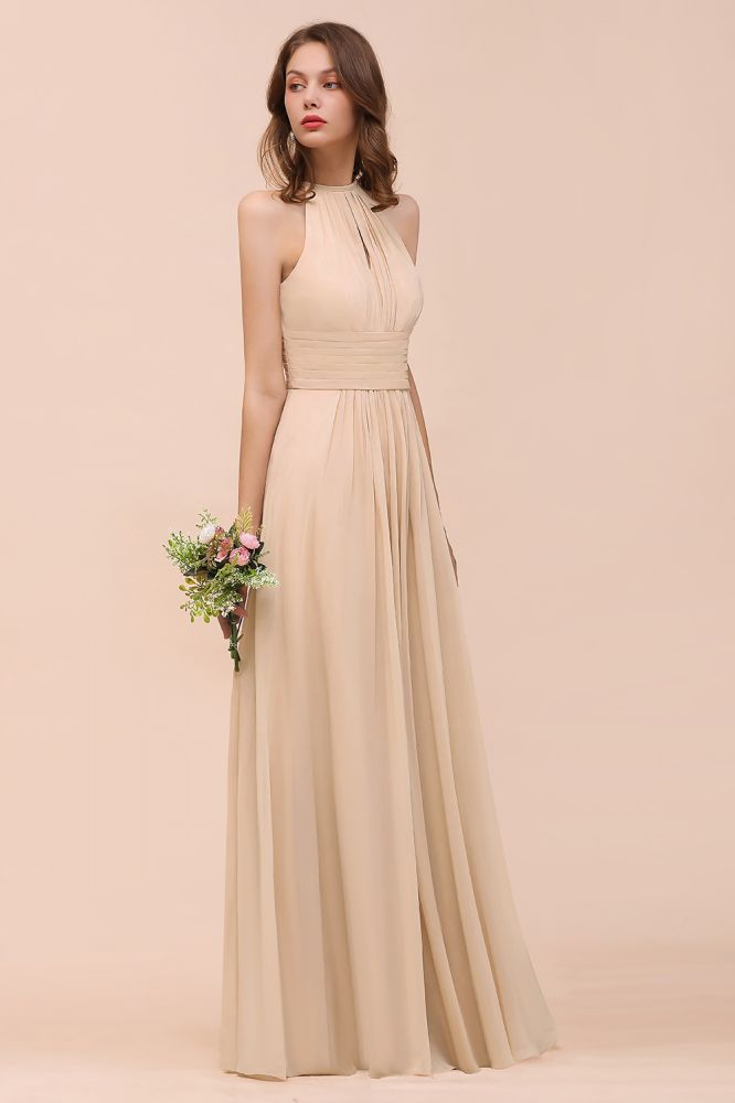 Robe de demoiselle d'honneur longue et cintrée couleur champagne, simple et dos nu