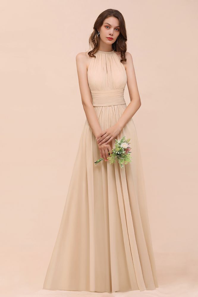 Robe de demoiselle d'honneur longue et cintrée couleur champagne, simple et dos nu