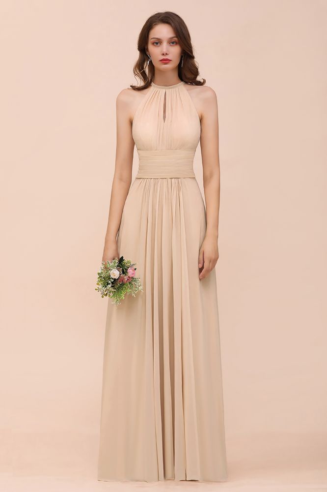 Robe de demoiselle d'honneur longue et cintrée couleur champagne, simple et dos nu