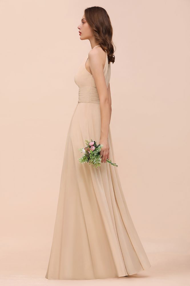 Robe de demoiselle d'honneur longue et cintrée couleur champagne, simple et dos nu