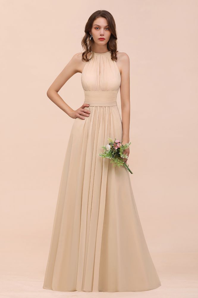 Robe de demoiselle d'honneur longue et cintrée couleur champagne, simple et dos nu
