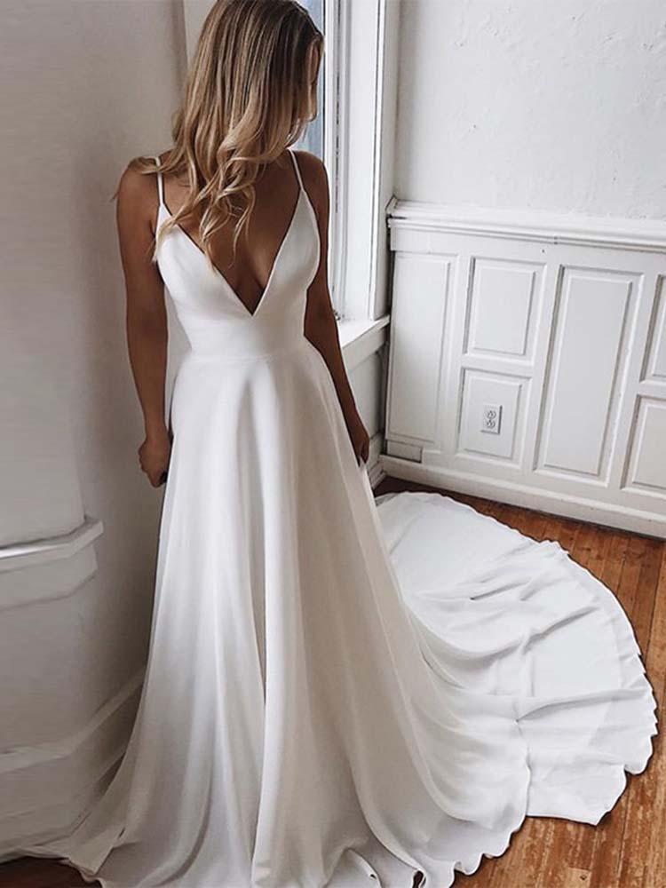 Robes de mariée simples ivoire, longues, trapèze, col en V, dos nu en satin