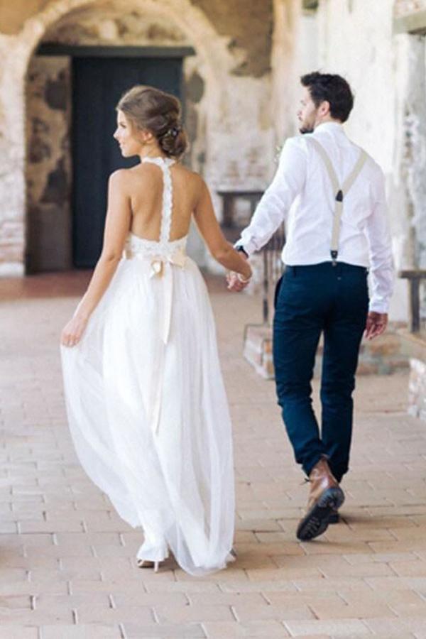 Robe de mariée longue sans manches à haut en dentelle ornée de bijoux simples WD098