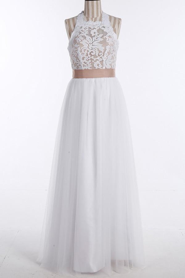 Robe de mariée longue sans manches à haut en dentelle ornée de bijoux simples WD098