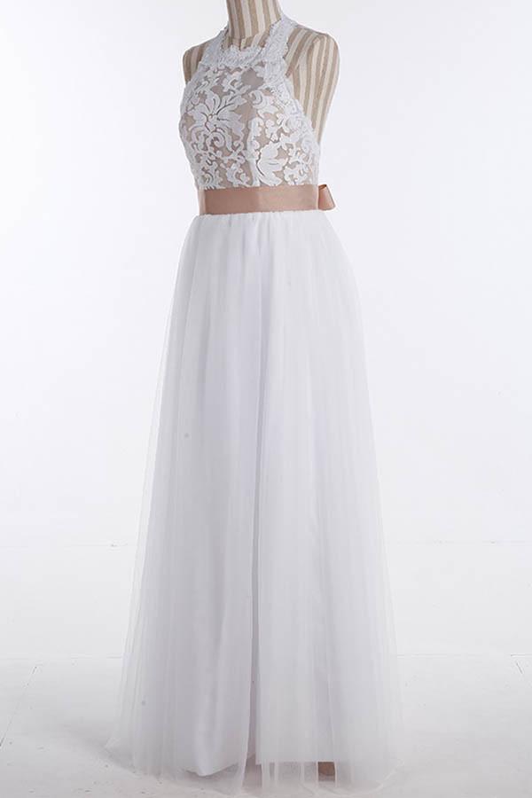 Robe de mariée longue sans manches à haut en dentelle ornée de bijoux simples WD098