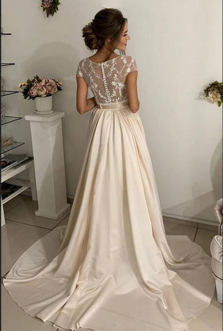 Vestidos de novia sencillos largos de corte A con encaje de satén elástico y joyas