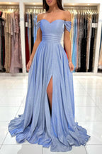 Vestido de fiesta largo sencillo de corte A con hombros descubiertos y lentejuelas, con abertura.