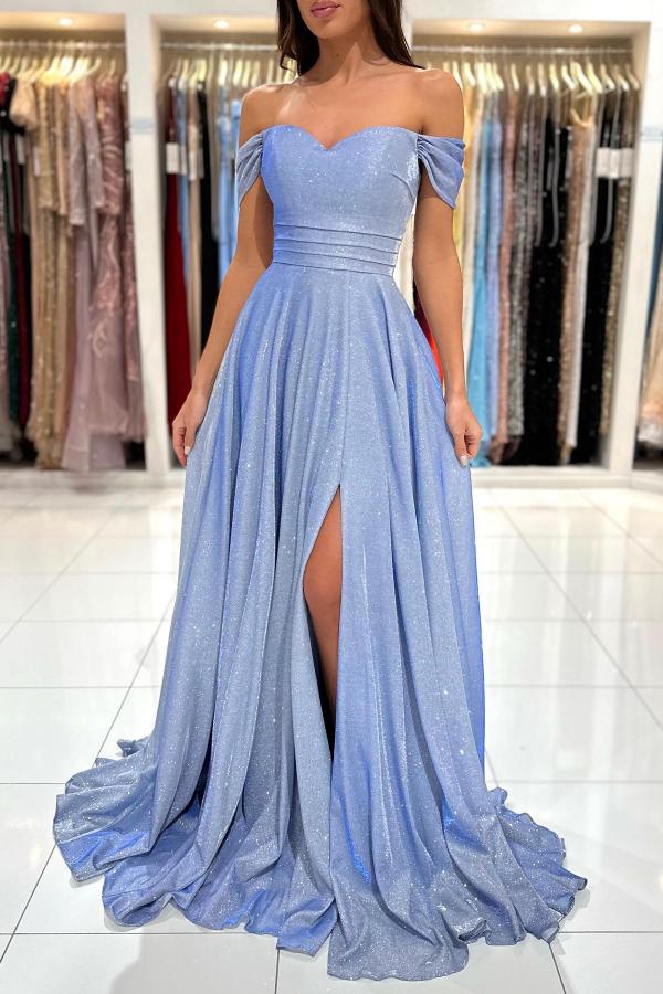 Vestido de fiesta largo sencillo de corte A con hombros descubiertos y lentejuelas, con abertura.