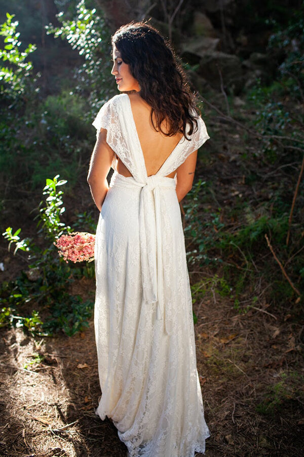 Robe de mariée simple longue trapèze dos nu sans manches col V en dentelle