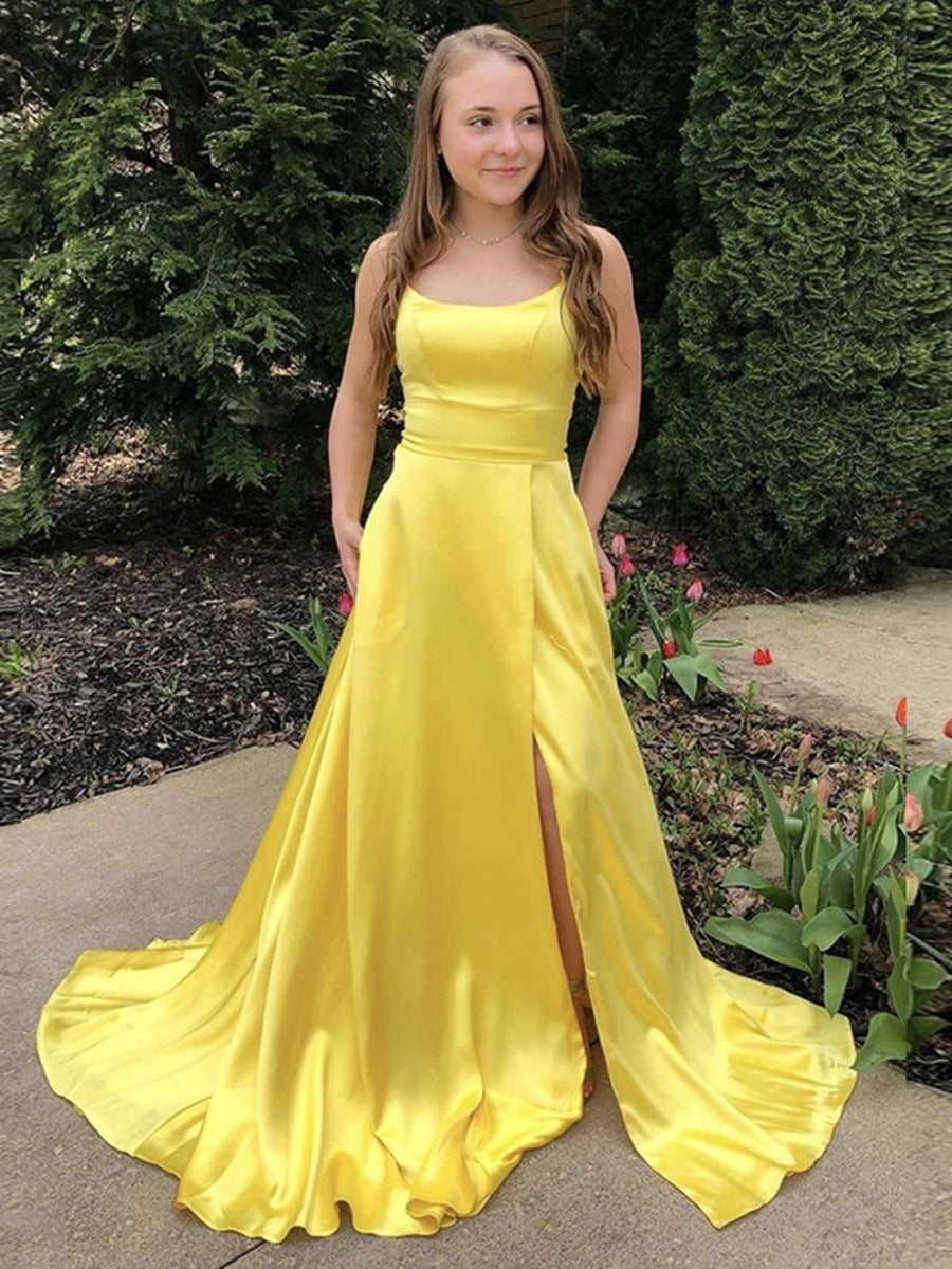 Vestidos de graduación sencillos, largos, de corte A, con escote redondo, de satén, con abertura frontal y bolsillos.