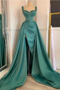 Vestido de fiesta largo y sencillo de satén con escote corazón y corte en A, con abertura.