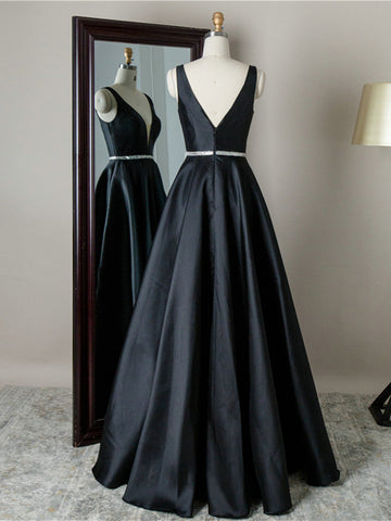 Simple Long A-line V-neck Backless Satin Prom Dress Black Formal Graduation Evening Dresses