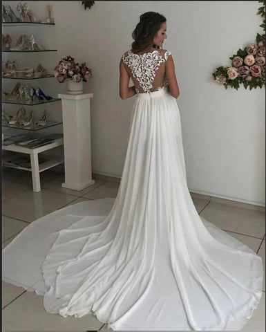 Vestido de novia sencillo, largo, de corte A, escote en V, de gasa y encaje con abertura