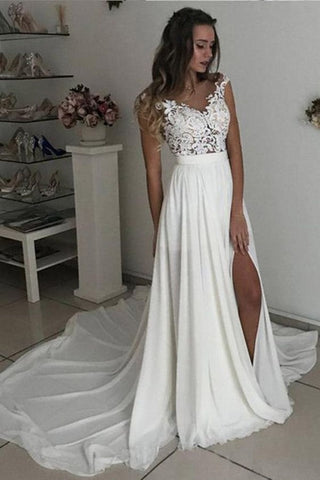 Vestido de novia sencillo, largo, de corte A, escote en V, de gasa y encaje con abertura