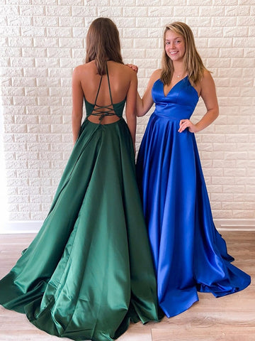 Vestidos sencillos largos de satén con escote en V, espalda descubierta, corte en A, para graduación o eventos formales de noche.