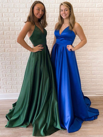 Vestidos sencillos largos de satén con escote en V, espalda descubierta, corte en A, para graduación o eventos formales de noche.