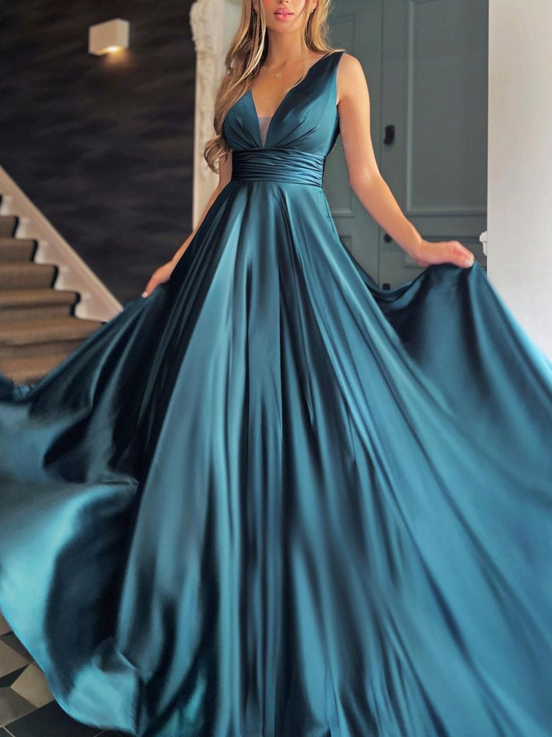 Simple Long A-line V-neck Satin Prom Dress White Formal Graduation Evening Dresses with Pockets