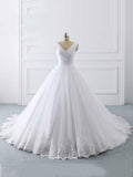 Vestidos de novia sencillos de corte princesa, largos, con escote en V y tul con cordones