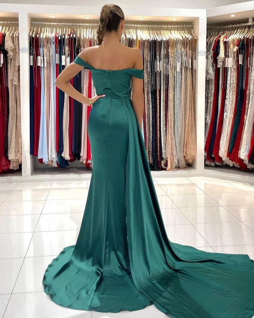 Robe de bal sirène longue vert foncé simple, épaules dénudées et fendue